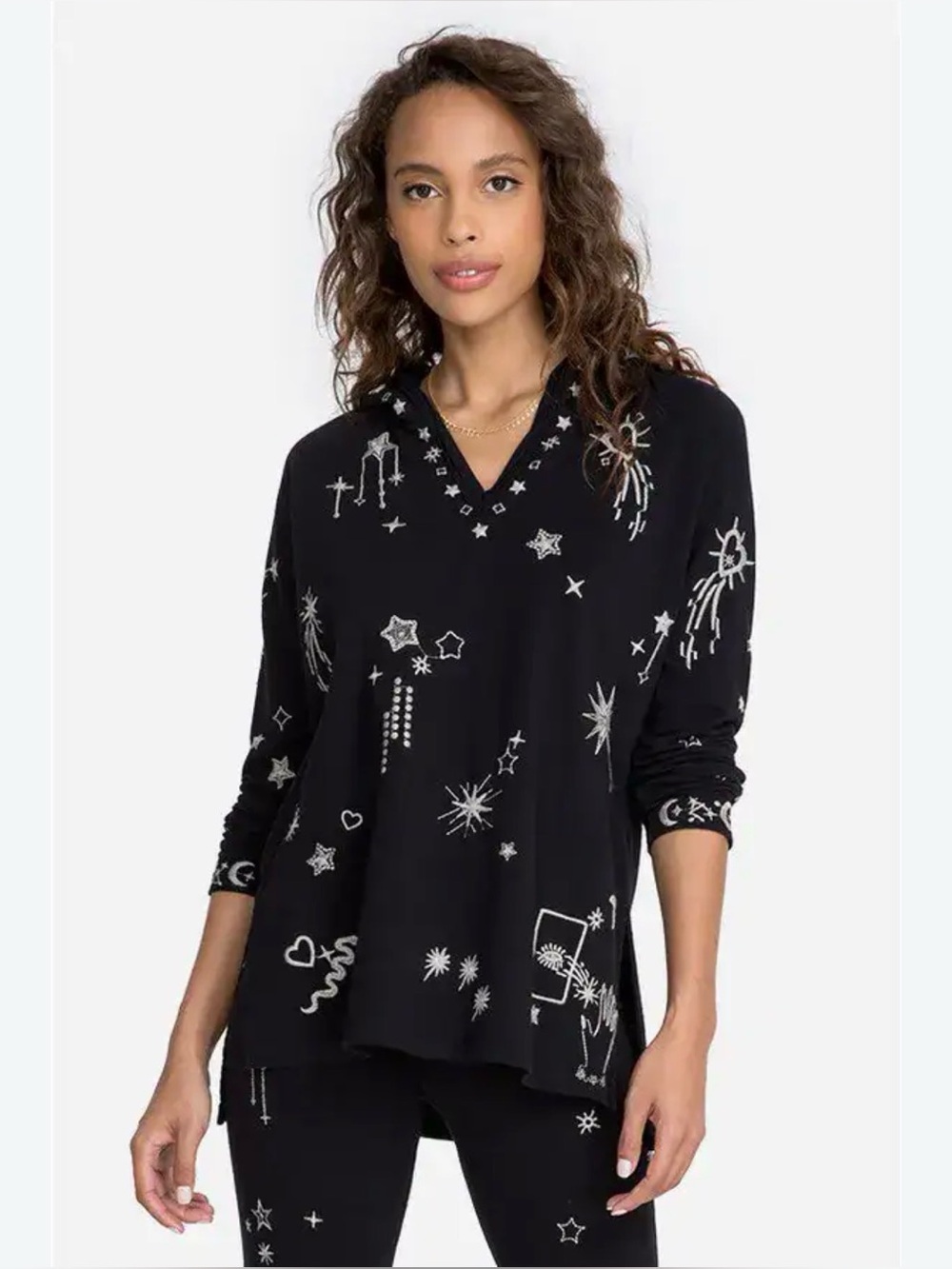 Johnny Was Algol Black Beach Raw Celestial Embroidered Hoodie Pullover L